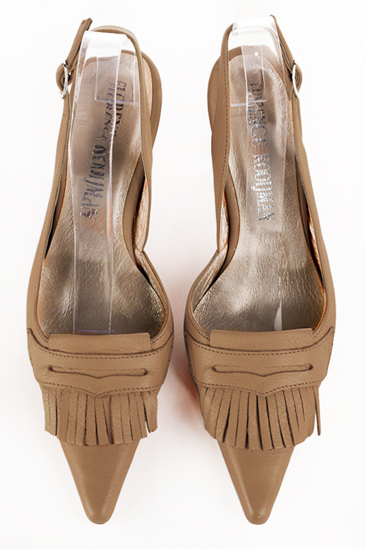 Camel beige women's slingback shoes. Pointed toe. High spool heels. Top view - Florence KOOIJMAN